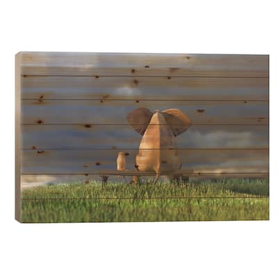Elephant And Dog Sit On Green Grass Field Print On Wood by Mike Kiev - Multi-Color