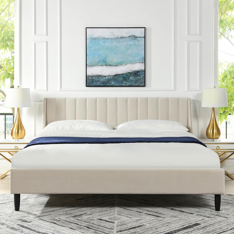Aspen Vertical Tufted Upholstered Platform Bed - French Beige Performance Velvet - King