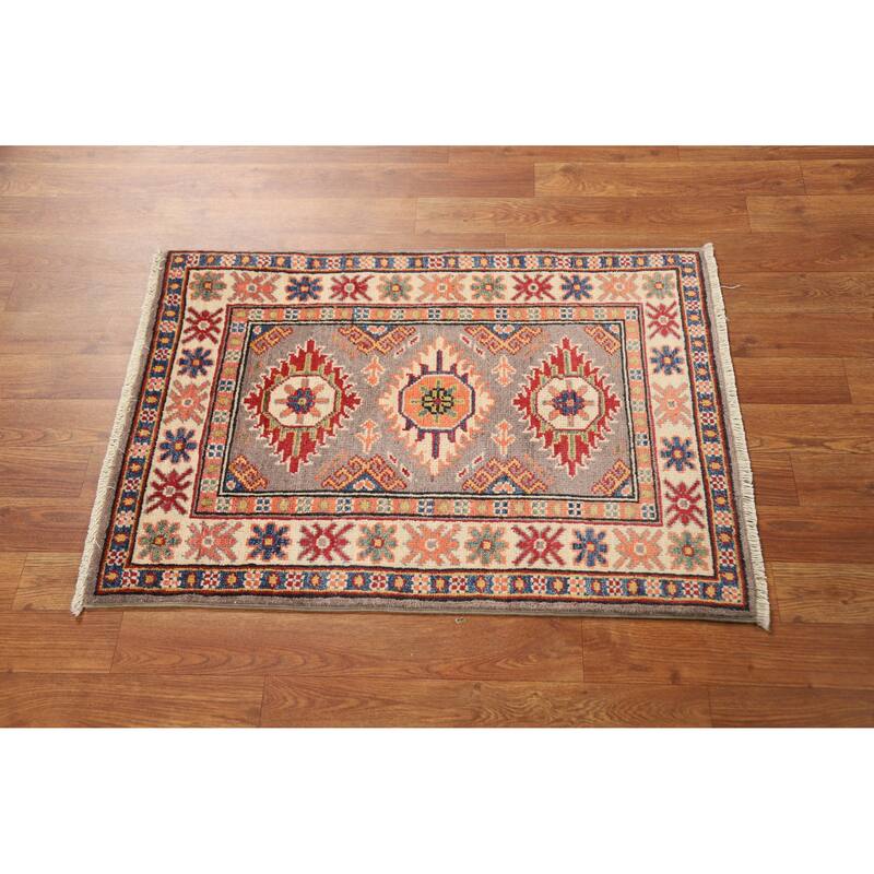 Geometric Kazak Oriental Rug Handmade Grey Wool Carpet - 2'0"x 3'0"