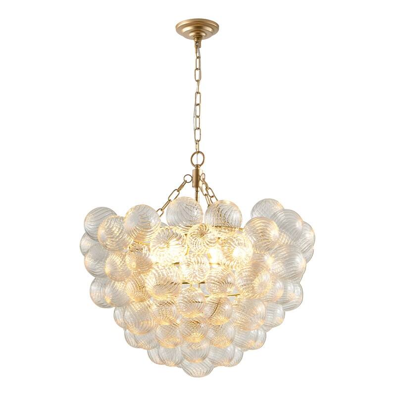 Adjustable Gold Pendant Chandelier with Threaded Clear Glass Globe Shade–Perfect for Living Rooms,Dining Rooms (No Bulbs) .