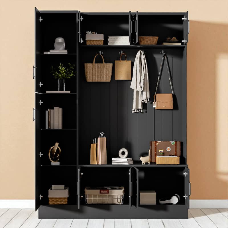 79" Modern Hall Tree with Bench, 6 Cabinets, Adjustable Shelf & 4 Hooks, Entryway Storage Organizer for Shoes and Coats