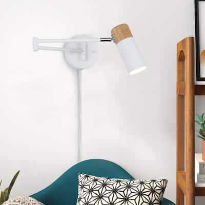 Industrial Adjustable Swing Arm Wall Lamp Wall Sconce with Plug in Cord, Modern White/Black Finish with Wood Head