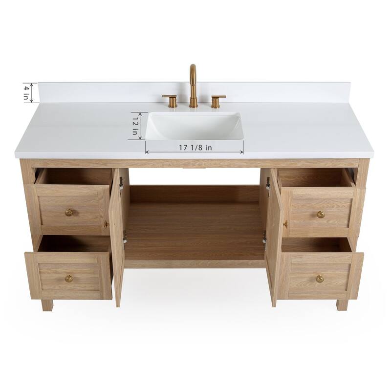 48 Inch Modern Light Oak Single Sink Bathroom Vanity With White Quartz Top