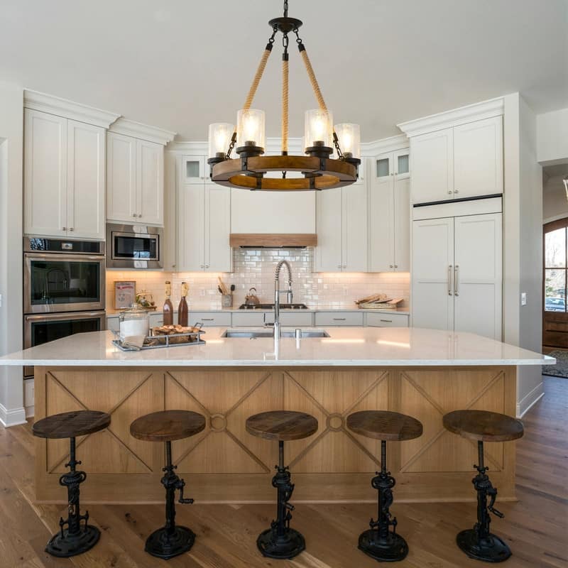 Farmhouse Wagon Wheel Chandelier Round Wood Pendant Lighting Fixture for Dining Room