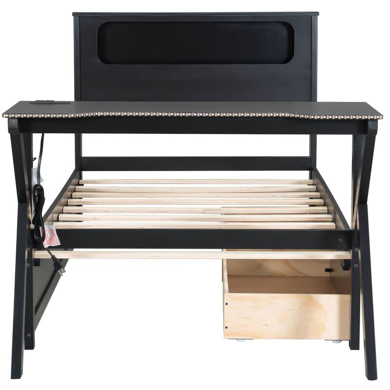 GDFStudio - Wooden Gaming Platform Bed with LED Headboard, Desk, USB and Storage Drawers