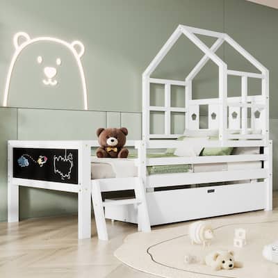 Roomfitters Size House Bed with Ladder and Storage Drawers, Solid Wood Platform Bed Frame with Blackboard Design, White