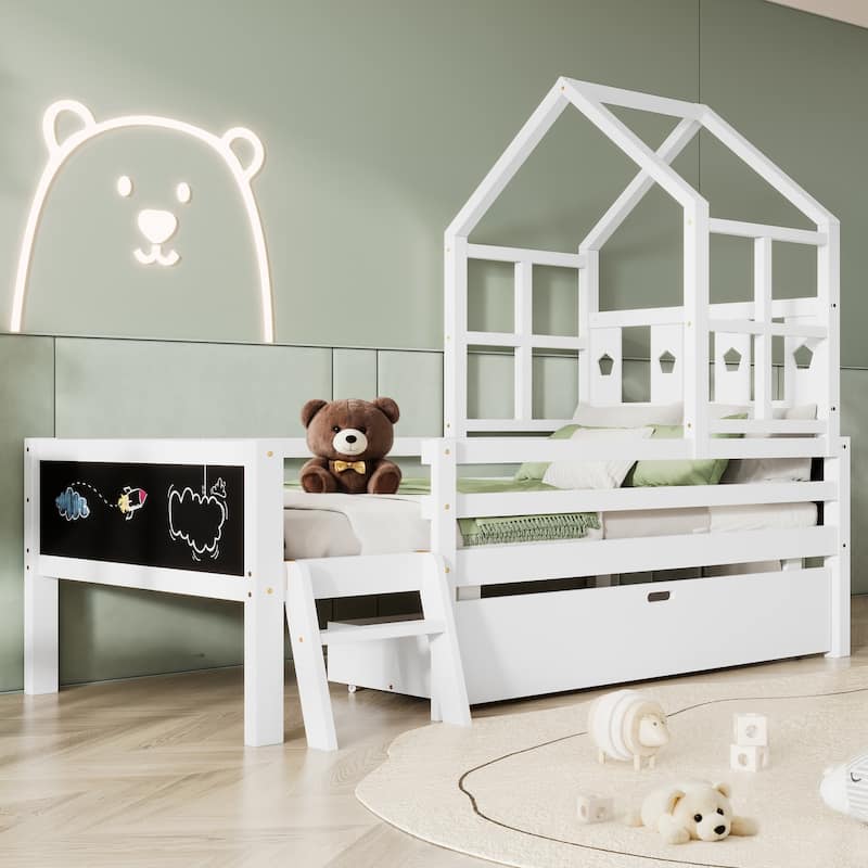 Wooden Twin/Full Size House Platform Bed with Ladder and Storage Drawers, Solid Pined Playhouse Bedframe with 2 Blackboard