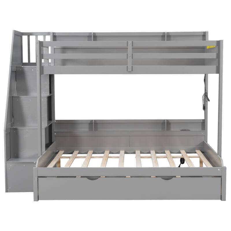 Twin Over Full Size Bunk Bed with Built-in 3-in-1 Storage Shelves and Charging Station, Pull-out Trundle, Storage Staircase