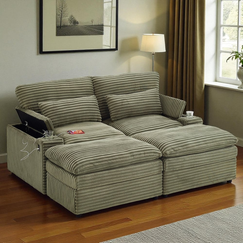 70.9" Convertible Loveseat Sofa Bed with Storage, 2 Ottomans, 4 USB Ports and Cup Holders, Corduroy Sectional for Living Room