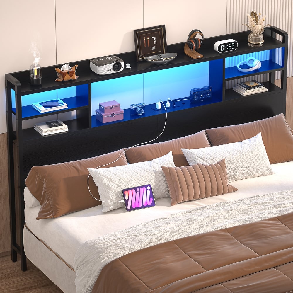 Storage Headboard with USB Port and Power Outlet, Head Board with LED Light for Bed Frame