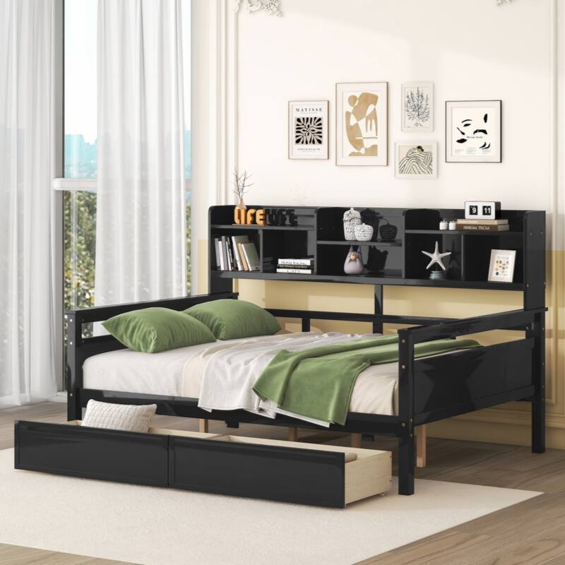 Full size Daybed, Wood Slat Support, with Bedside Shelf and Two Drawers