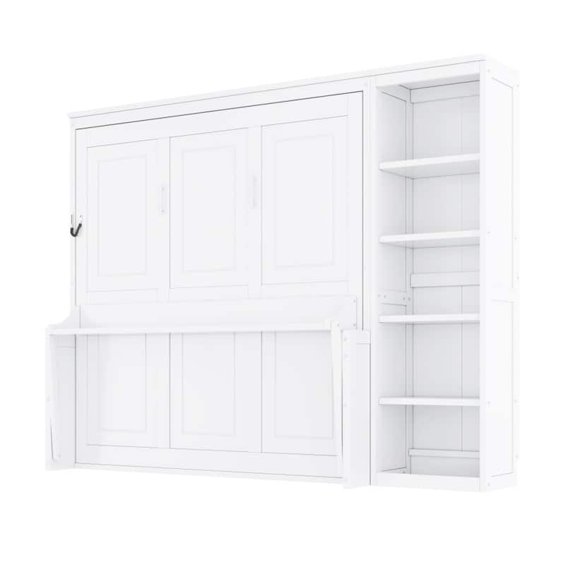 Queen/Full Size Wood Murphy Bed Foldable Wall Bed with Desk and Bookshelf