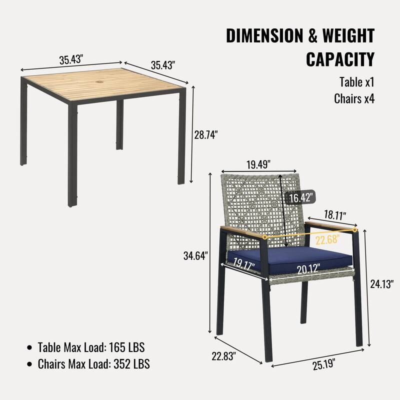 All Weather 5-Piece Patio Dining Table Sets, Patio Conversation Set Acacia Wood Table Top with Umbrella Hole, Rattan Outdoor