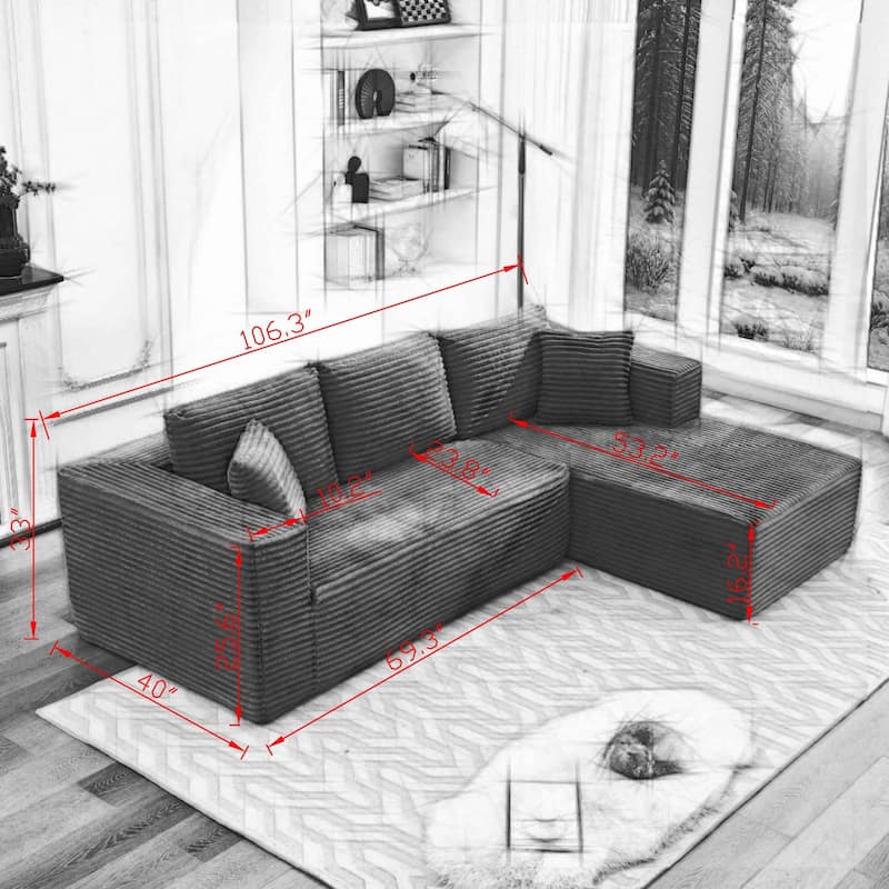 106" Corduroy Upholstery L-Shaped Cloud Modular Sectional Sofa with Chaise and Pillows, All-Foam Compression Design