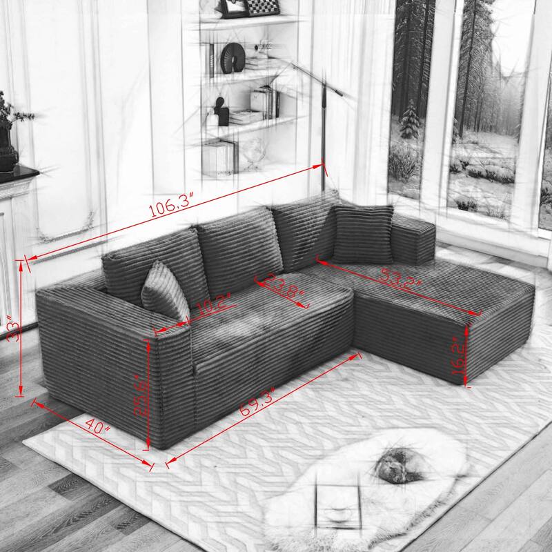 Modular Sectional Sofa with L-Shape Chaise, Oversized Corduroy Upholstered Cloud Sofa, Deep Seat Sofa with 2 Throw Pillows