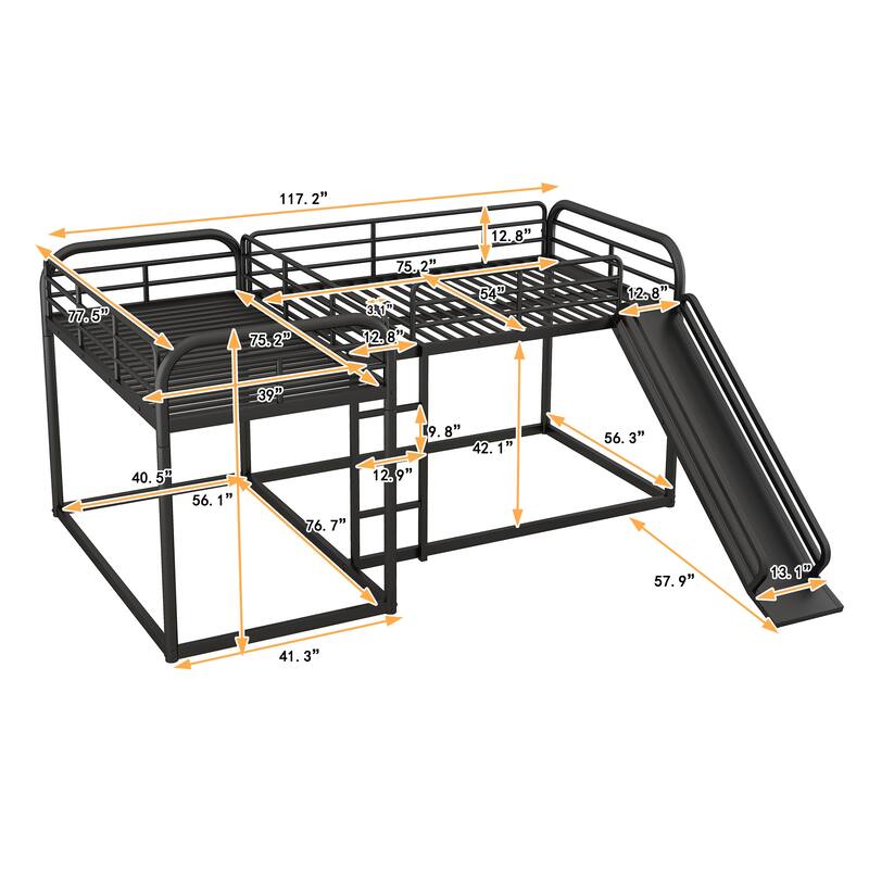 Full and Twin Size L-Shaped Bunk Bed with Slide & Short Ladder, Metal Bunk Bed Frame for 4 Kids, Teens, No Box Spring Required