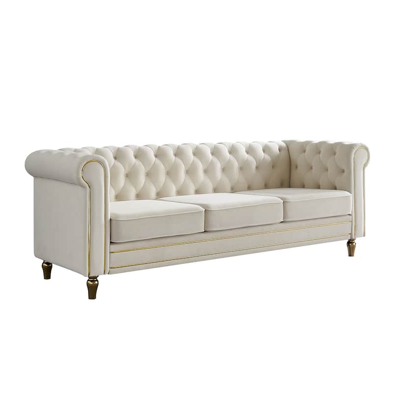 Rolled Arm Chesterfield Velvet Sofa - 84.65" High-Density Foam, Electroplated Legs - Elegant Living Room Accent