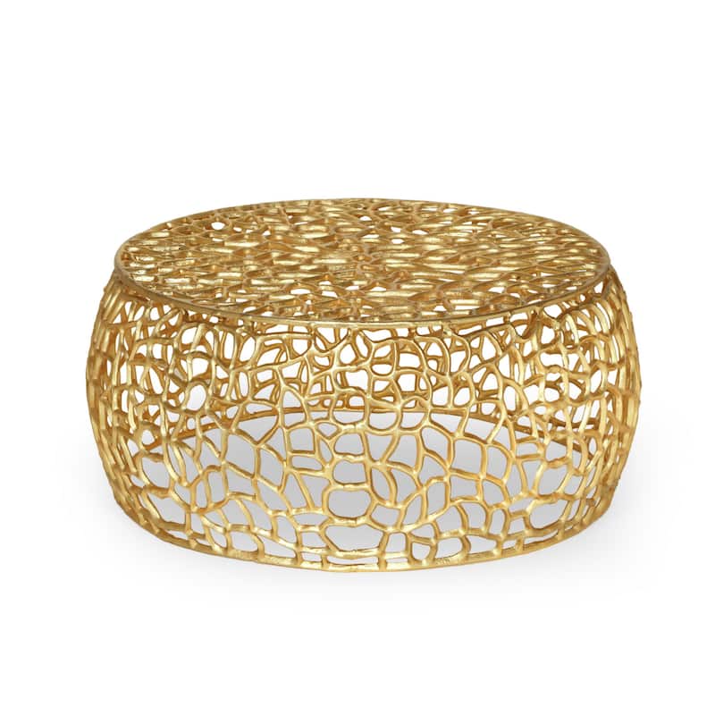 Coffee Table, 28 Inch Round Plinth Mesh Design, Open Gold Metal Frame