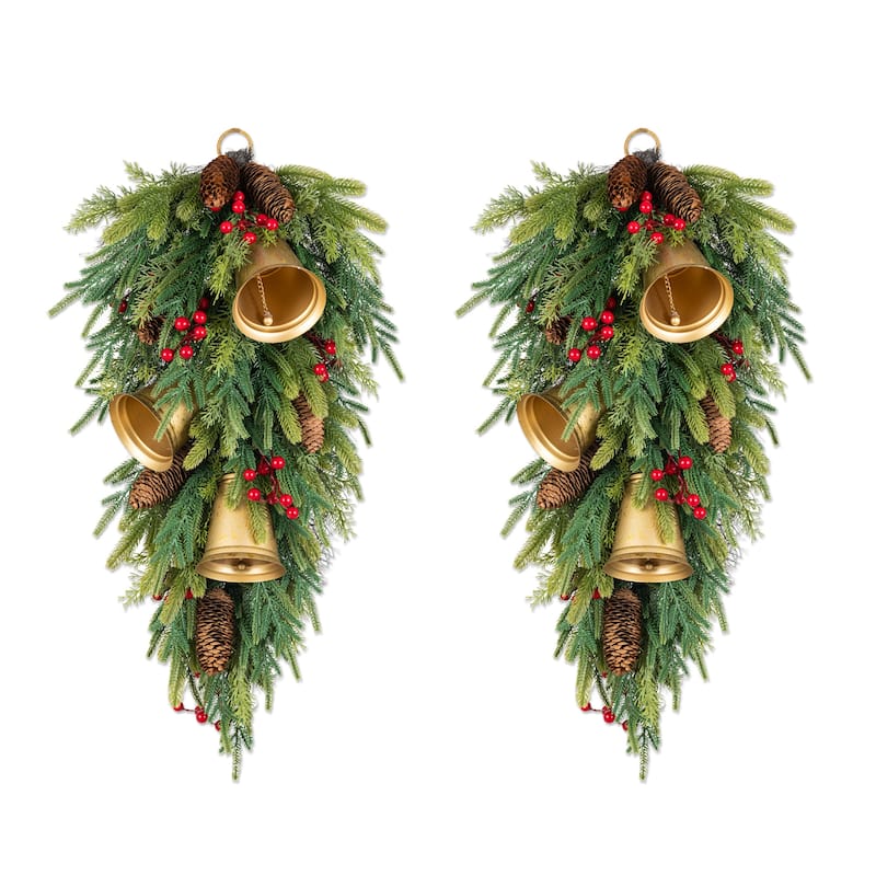 Glitzhome Christmas Berry Bow Pinecone Bell Holy Leaf Teardrop Swag Xmas Wreath - 2PK-I