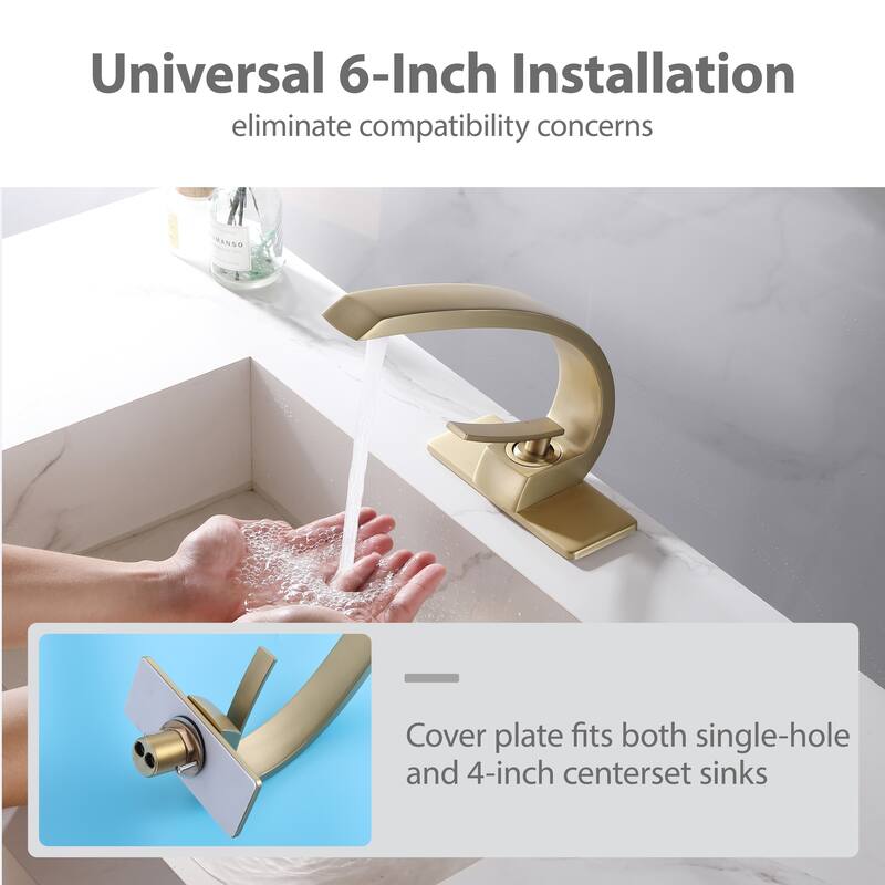 Modland C-Shaped Single Hole Bathroom Faucet, 500K Cycle CUPC Certified, 6-Inch Cover Plate, Black / Gold / Nickel / Chrome