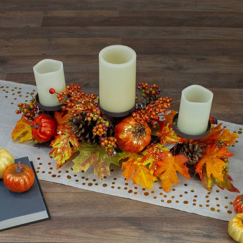 21" Orange Fall Harvest Leaves and Pumpkins Candle Holder