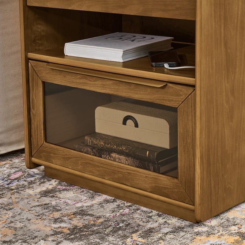 Mid-Century Modern Nightstand with USB Charging Station‌ - End Table Featuring 2 Drawers, Open Shelf & Glass-Front Cabinet