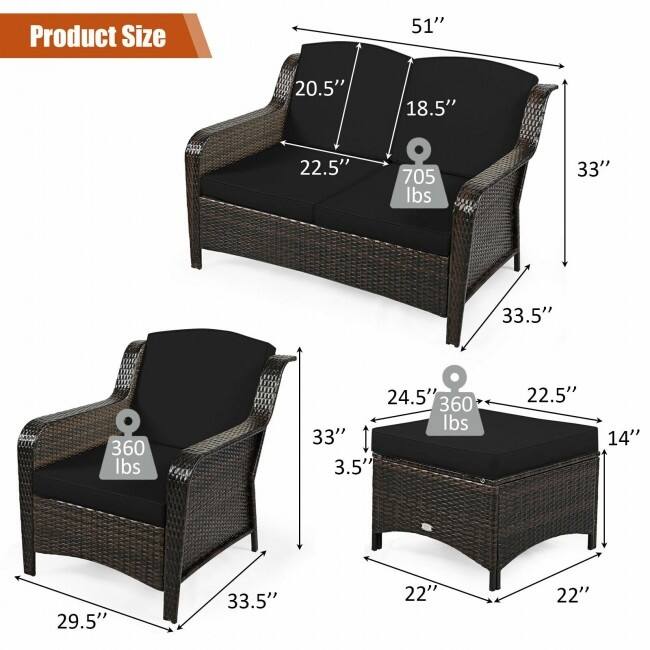 5 Pieces Patio Rattan Sofa Set with Cushion and Ottoman - 51" x 33.5" x 33" (L x W x H)