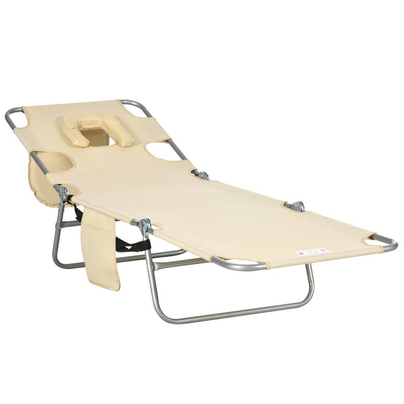 Folding sun loungers with face holes, arm slots and side pockets