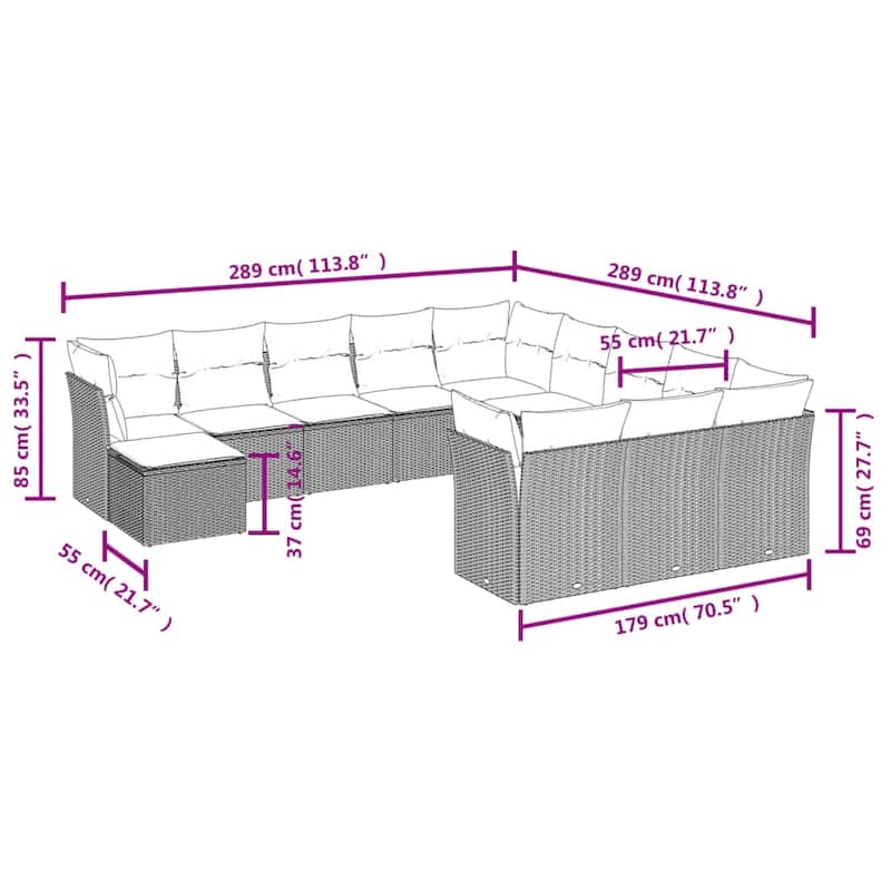 vidaXL Patio Sofa Set with Cushions Outdoor Conversation Furniture Poly Rattan - 24.4" x 24.4" x 27.2"
