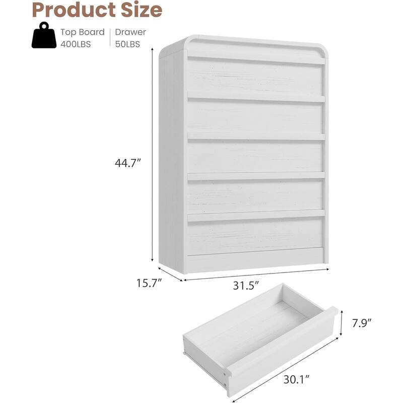 5 Drawer Curved Profile Design Dresser for Bedroom, Living Room, Entryway, Nursery