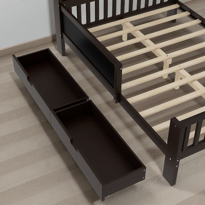 Twin/Full Solid Wood Platform Bed with Chalkboard Headboard, Storage Drawers and Shelves, Space-Saving Kids Bed