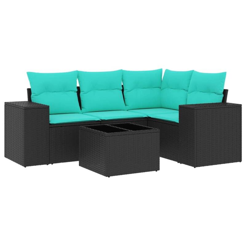 vidaXL 5 Piece Patio Sofa Set with Cushions Black Poly Rattan - 24.4 x 24.4 x 27.2