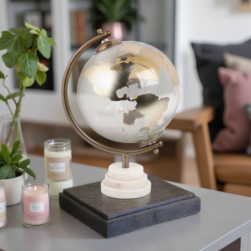 Modern Glass and Metal Globe Sculpture with Marble Base - 13" Brown - 8" x 8" x 13"