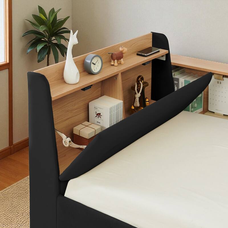 Twin Size Velvet Upholstered Daybed with Storage Headboard, 2 Drawers, Wireless Charging & LED Lights