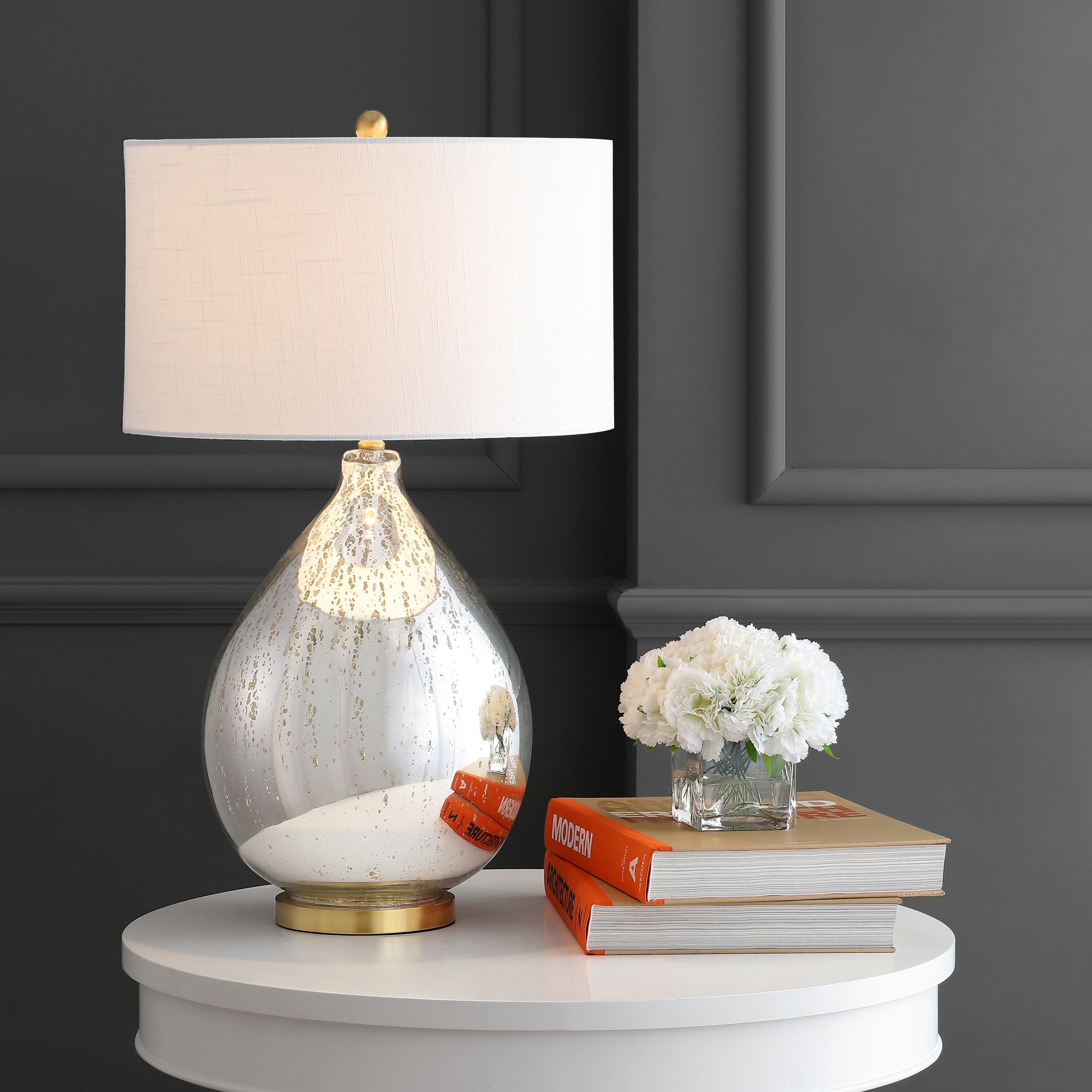 JONATHAN Y Rae 30.75" Glass/Metal LED Table Lamp, Mercury Silver