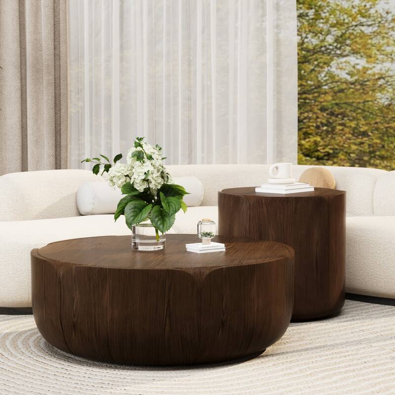 Round Outdoor/Indoor Coffee Table Set, Modern Wood Grain Drum Center Tables