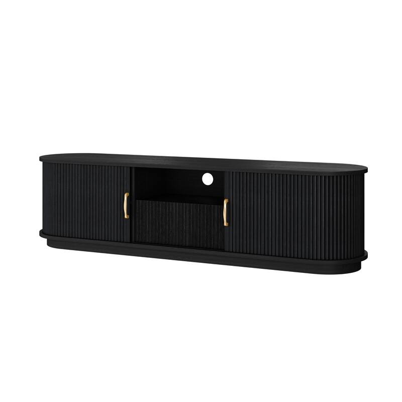 Vintage TV Stand with Sliding Wood Slatted Doors for TVs up to 75", with Drawer, Wood Grain Media Console with Cable Management