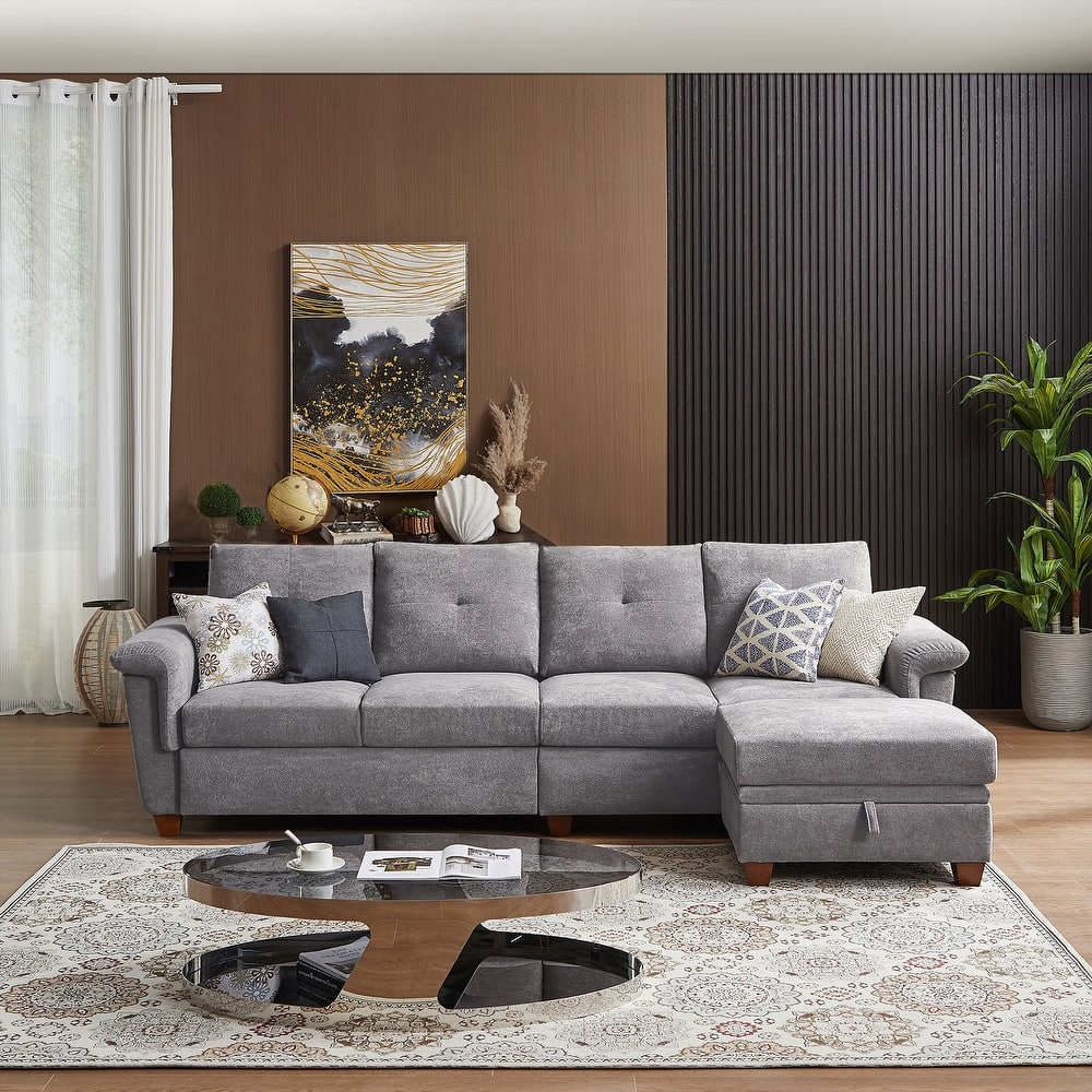 109" Modern 4 Seaters Towelling Sectional Sofa with Hidden Coffee Table Adjustable Headrest and Large Storage Space