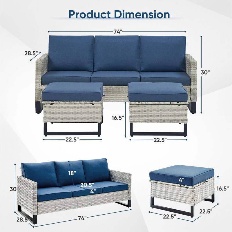 3 Pieces Outdoor Wicker Sofa with Ottomans Light Grey - Blue - Light Grey