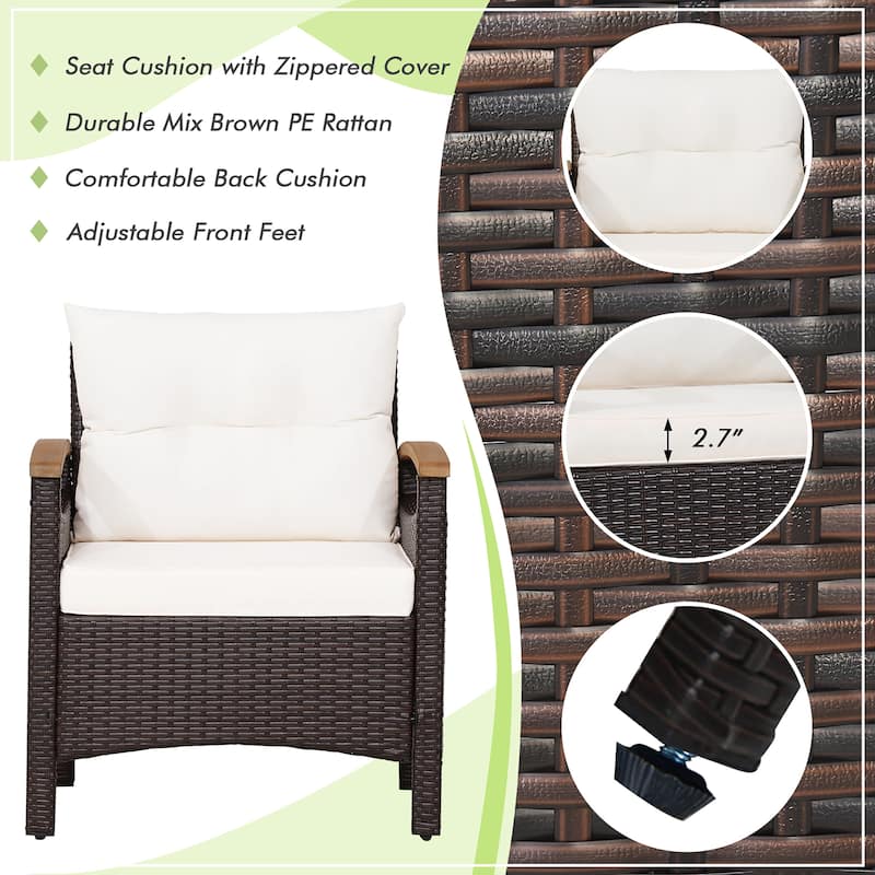 3PCS Patio Rattan Furniture Set Armrest Sofa Wooden Table Top