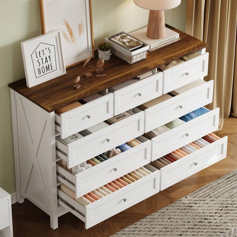 Wooden Rustic Storage Dresser with 9 Drawers and Silver Handles