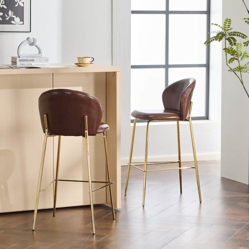 Christopher Knight Home - Kira Modern Upholstered Bar Stools Set of 2 with Gold Metal Frame and Low-Back Design - Dark Brown+Gold