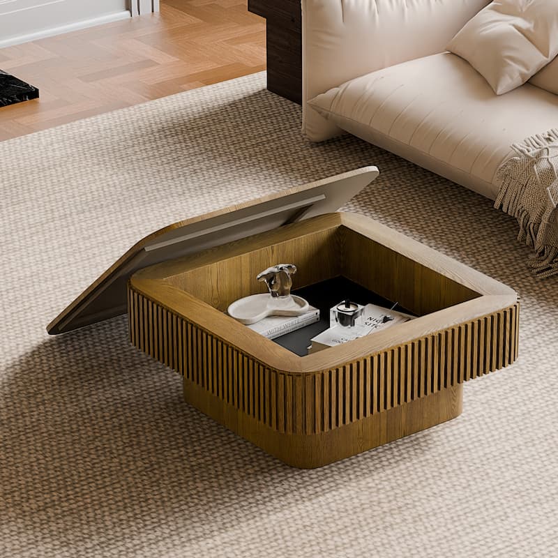 Modern 31.5" Square Coffee Table with Storage Solid Wood Veneered Accent Table for Living Room or Bedroom
