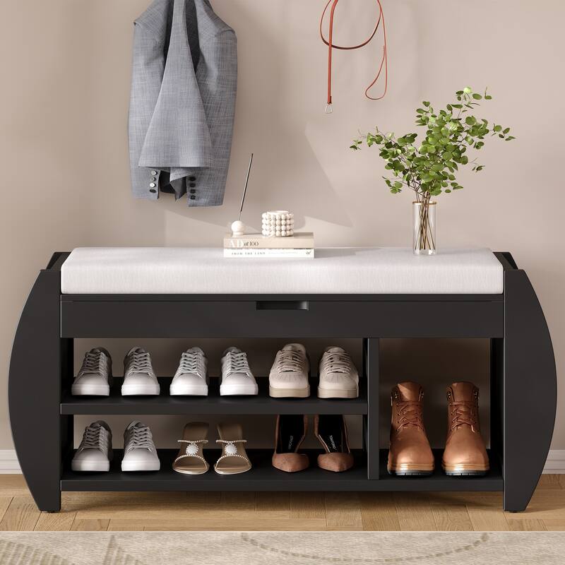 Shoe Bench 2-Tier Storage Bench with Cushion & Curved Side Holder, Wooden Panel Shoe Rack Organizer for Entryway, Living Room