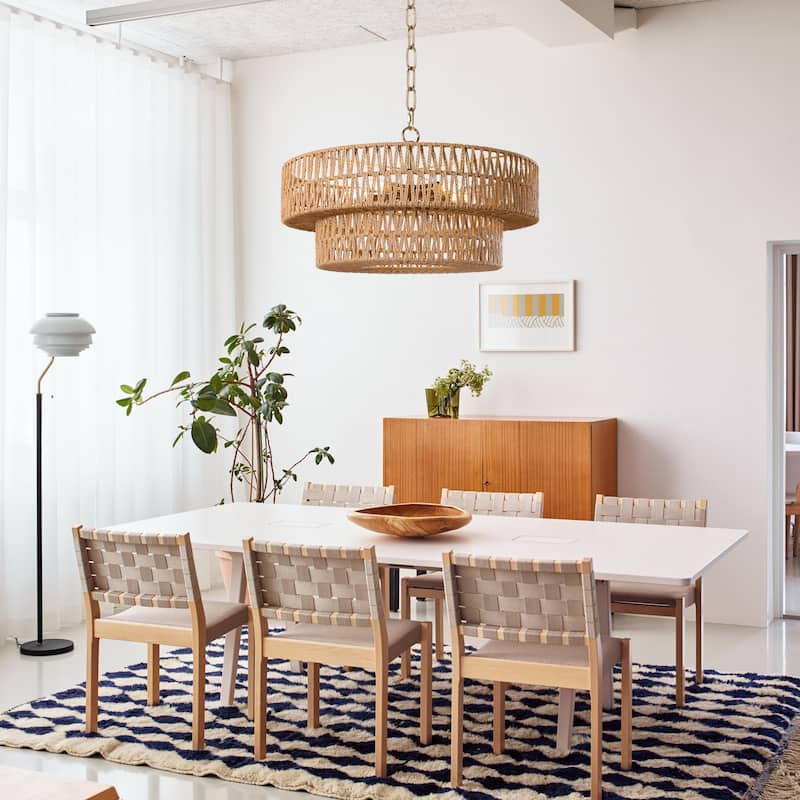 21.65" Rattan Drum Chandelier 2-Tier Boho Hand Woven Pendant Light - Large