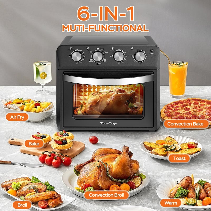 Plum Chef Air Fryer Oven 27.5QT, 6-in-1 Countertop Oven, Air Fry, Bake, Broil, Toast, Warm, Dehydrate, 4 Knob Control, 1600W