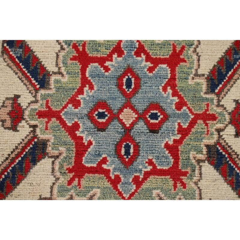Hand Knotted Oriental 100% Wool Carpet Traditional Geometric Beige & Ivories Kazak Runner Rug - 12' 8'' X 2' 9''