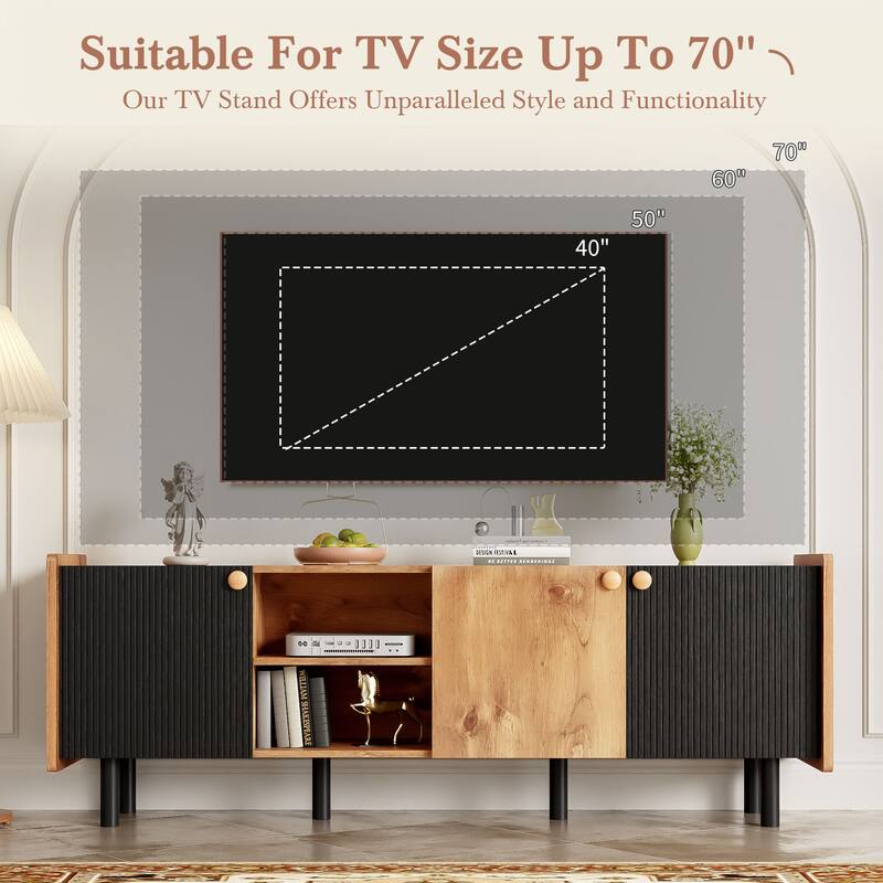 Mid-century TV Stand for TVs up to 70" with 3 Cabinets and 2 Open Storage Compartments, for Living Room and Bedroom