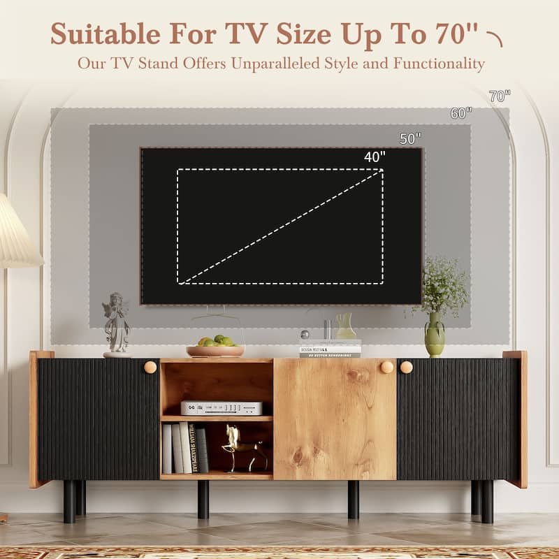 Two-Color TV Stand with 3 Cabinets, Media Console with Wood Top Panel and Handle, Entertainment Center for TVs up to 70"