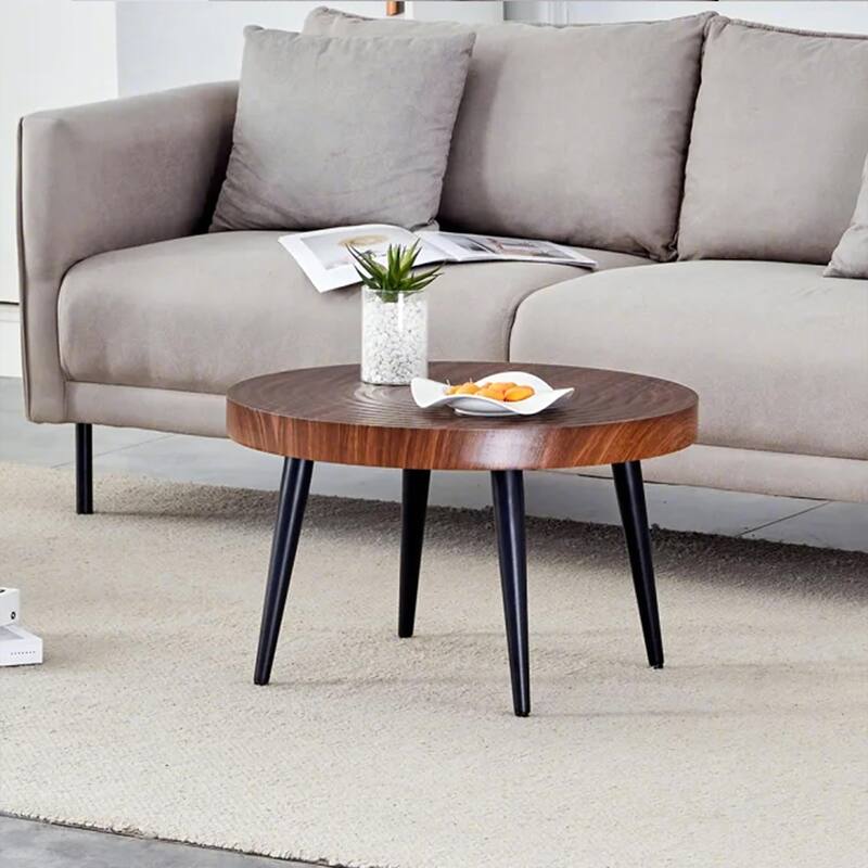 Roomfitters 23.6" Round Coffee Table with Natural Wood Grain Texture and Black Metal Legs